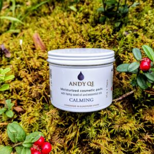 Andy Qi Calming organic hempseed and essential oil hydrating pads on a serene spa background – relaxing natural skincare product photography