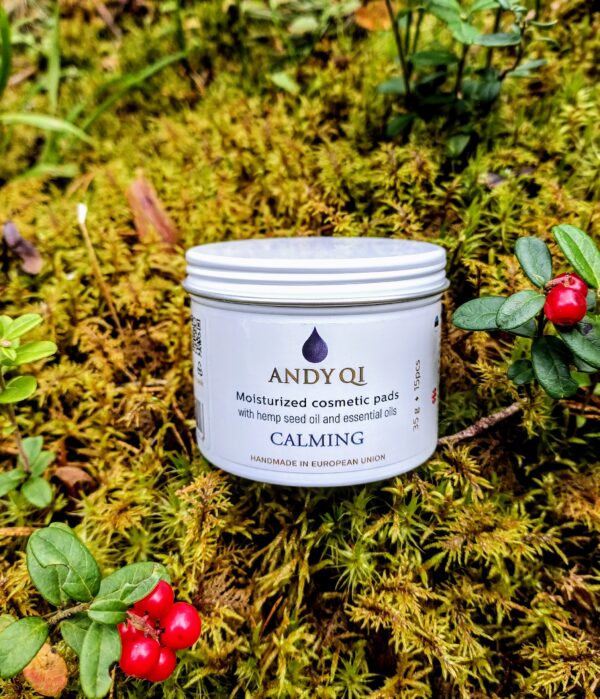 Andy Qi Calming organic hempseed and essential oil hydrating pads on a serene spa background – relaxing natural skincare product photography