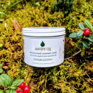 Andy Qi Energizing organic hempseed and essential oil hydrating pads in the forest – natural skincare product photography